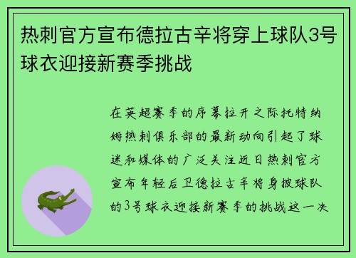 热刺官方宣布德拉古辛将穿上球队3号球衣迎接新赛季挑战