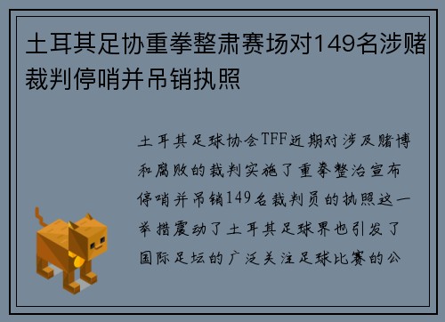 土耳其足协重拳整肃赛场对149名涉赌裁判停哨并吊销执照 土耳其足协重拳整肃赛场对149名涉赌裁判停哨并吊销执照